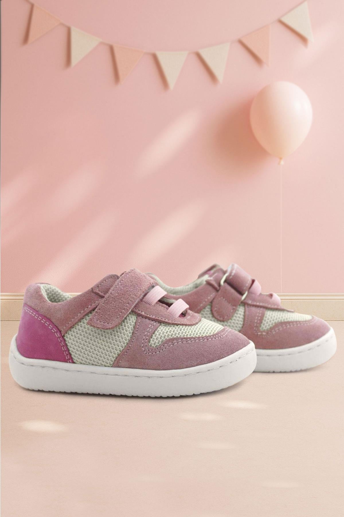 Rakerplus Bob Hakiki Deri Pudra Pembe Barefoot Cırtlı Lastikli Bebek Sneaker Ayakkabı