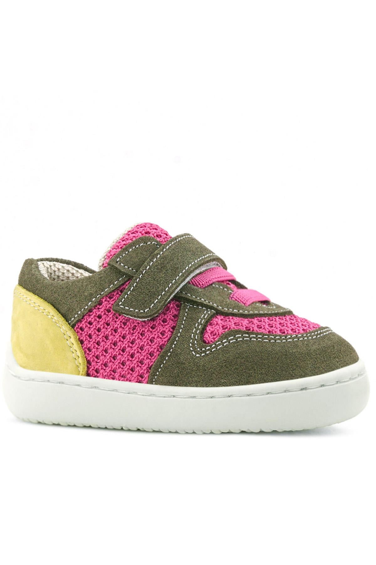 Rakerplus Bob Hakiki Deri Haki Yeşil Pembe Barefoot Cırtlı Lastikli Bebek Sneaker Ayakkabı