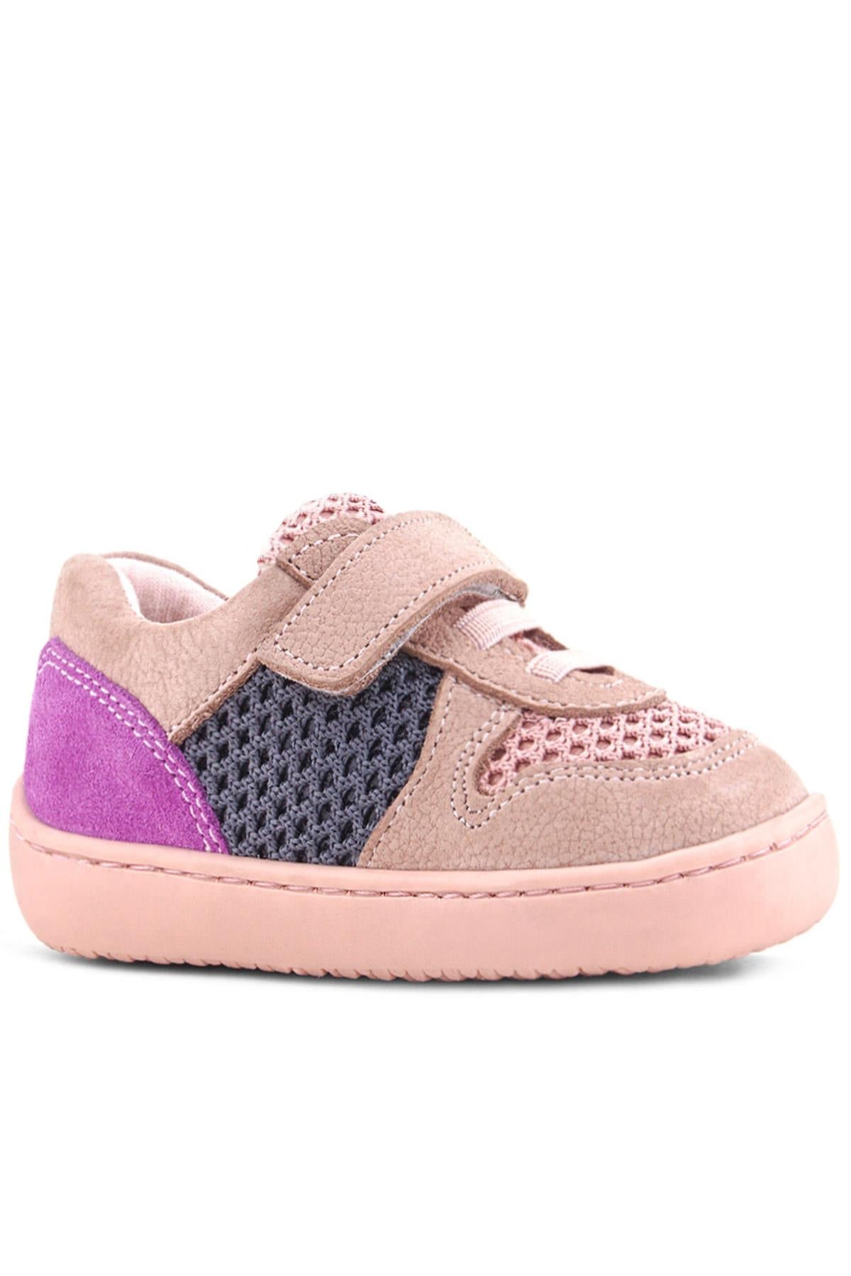 Rakerplus Bob Hakiki Deri Pudra Gri Mor Barefoot Cırtlı Lastikli Bebek Sneaker Ayakkabı