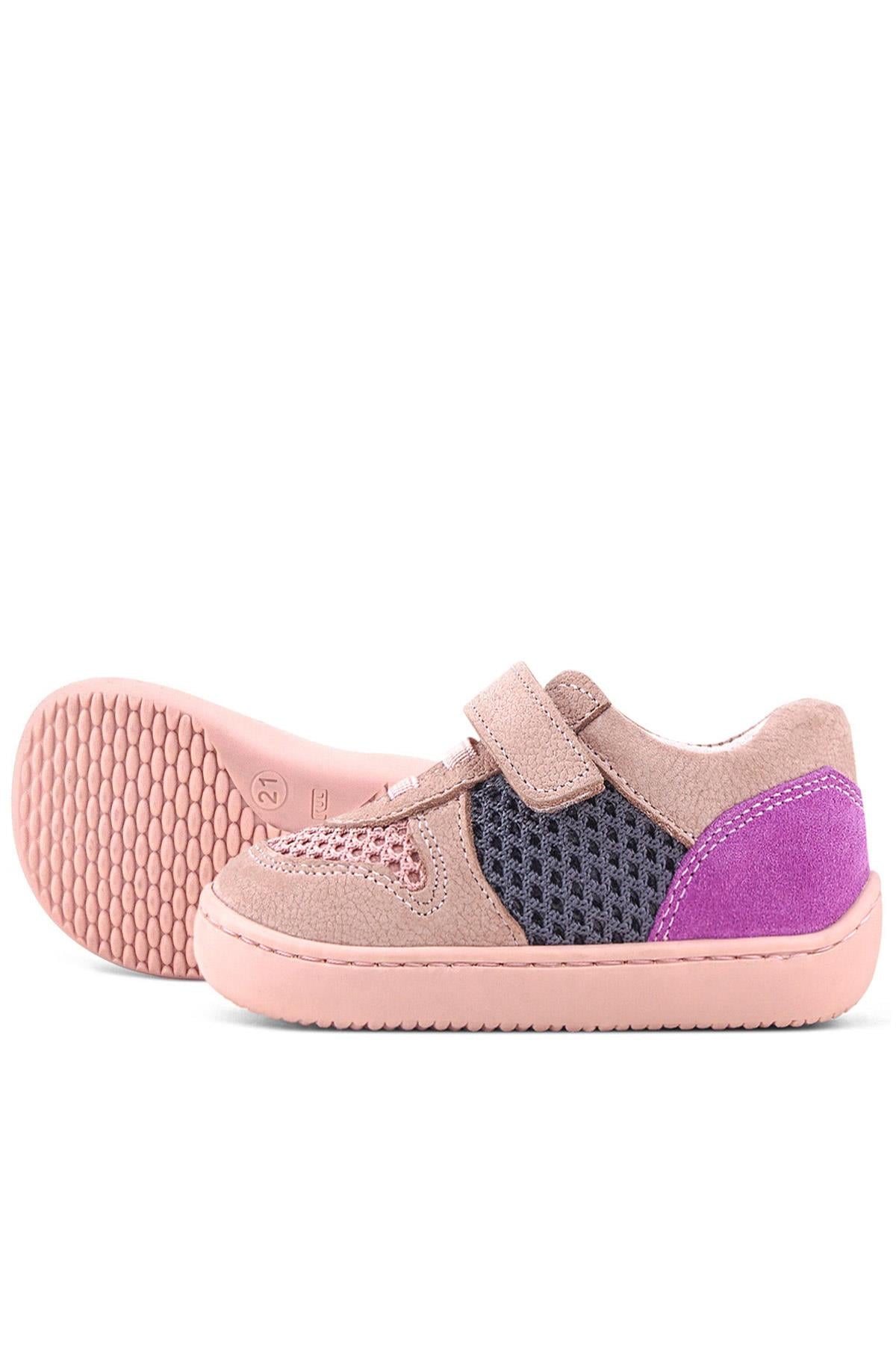 Rakerplus Bob Hakiki Deri Pudra Gri Mor Barefoot Cırtlı Lastikli Bebek Sneaker Ayakkabı