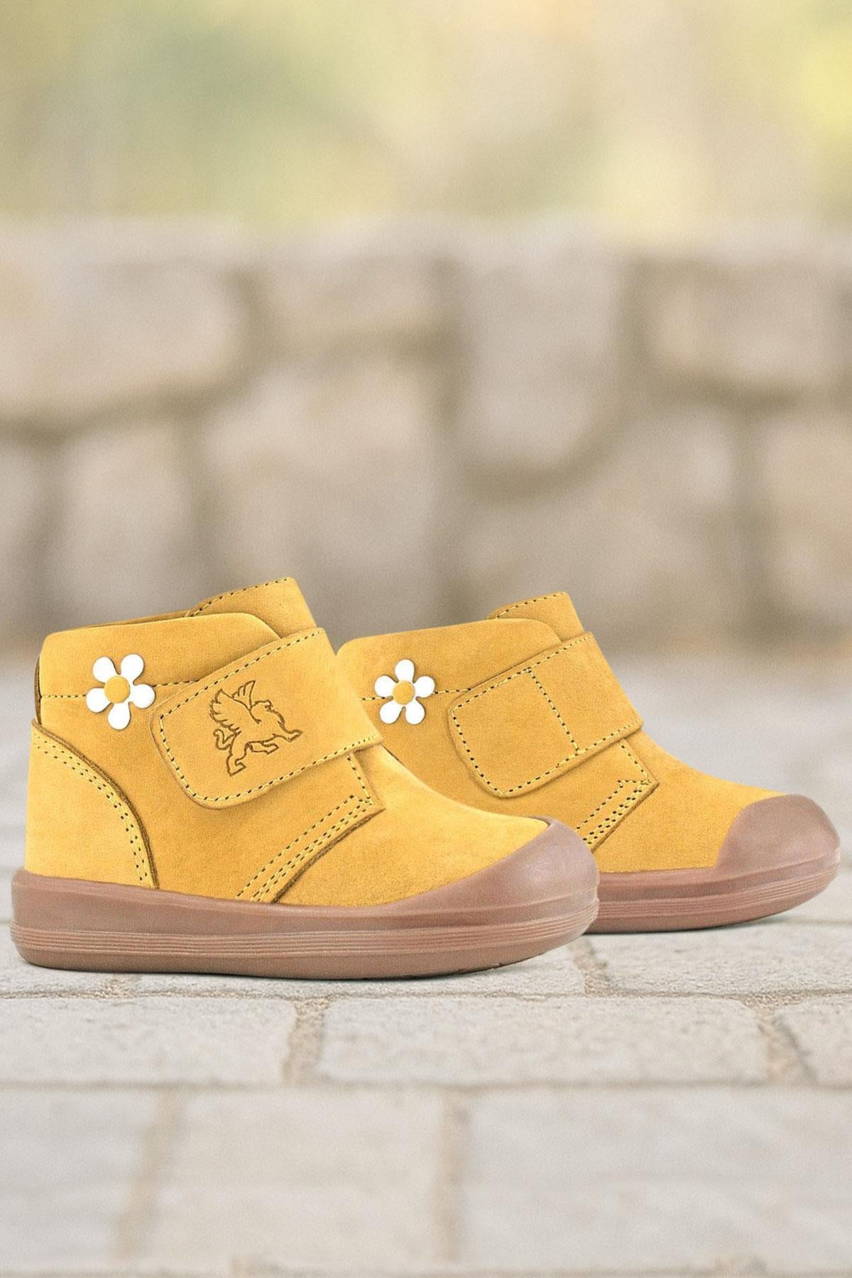 Rakerplus Yoohoo Hakiki Deri Sarı Cırtlı Papatya Detaylı Unisex Bebek Bot
