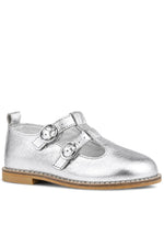 Rakerplus Hakiki Deri Parlak Gümüş Tokalı Kız Çocuk T-Bar Babet Ayakkabı