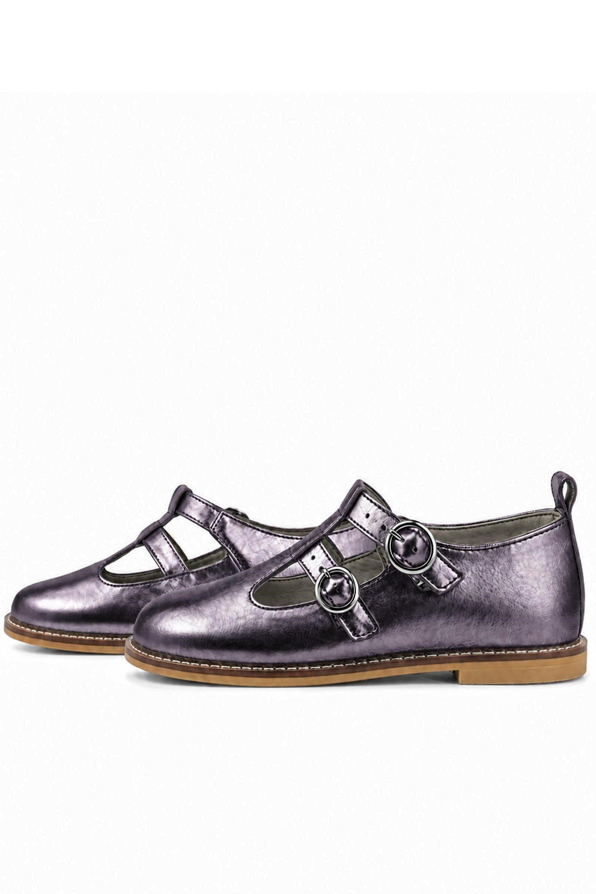 Rakerplus Hakiki Deri Parlak Platin Tokalı Kız Çocuk T-Bar Babet Ayakkabı