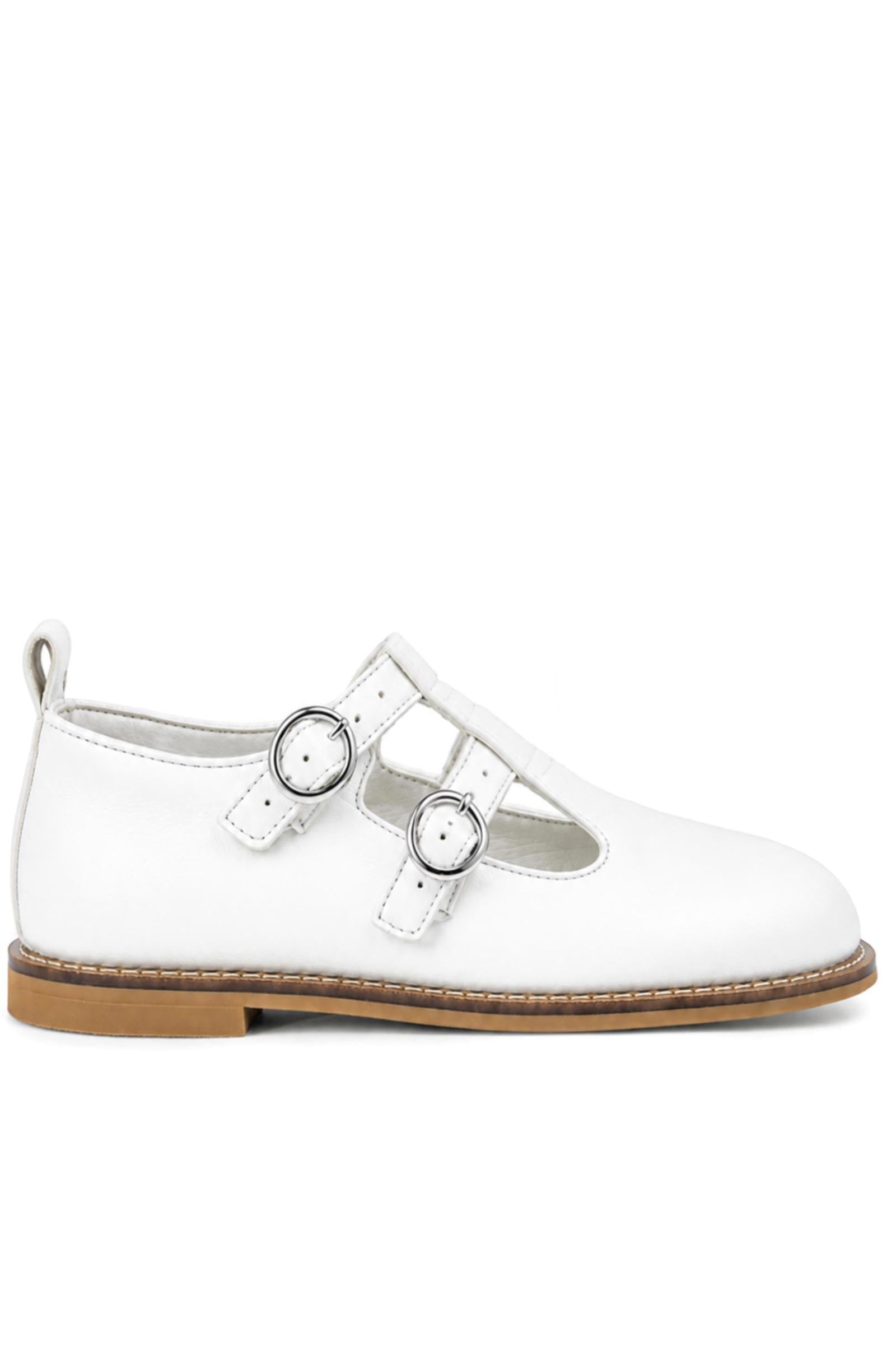 Rakerplus Hakiki Deri Beyaz Tokalı Kız Çocuk T-Bar Babet Ayakkabı