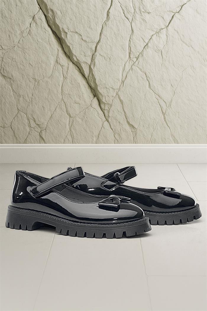 Rakerplus Siyah Rugan Kalın Tabanlı Cırtlı Kız Çocuk Babet