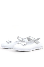Rakerplus Hakiki Deri Beyaz Gümüş Fiyonklu Cırtlı Kız Çocuk Babet