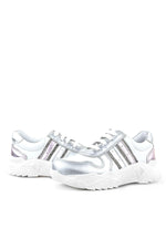 Rakerplus Hakiki Deri Gümüş Pembe Parlak Taşlı Kız Çocuk Sneakers Ayakkabı
