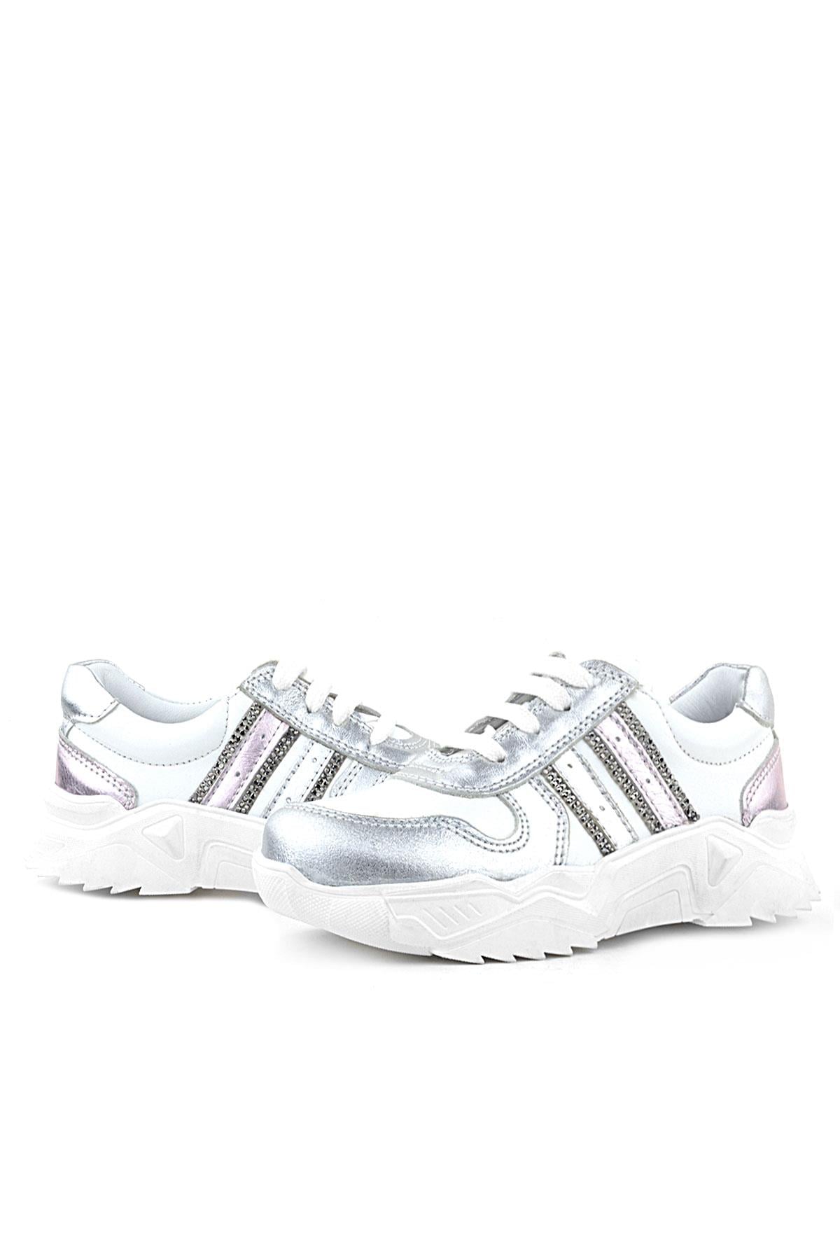 Rakerplus Hakiki Deri Gümüş Pembe Parlak Taşlı Kız Çocuk Sneakers Ayakkabı