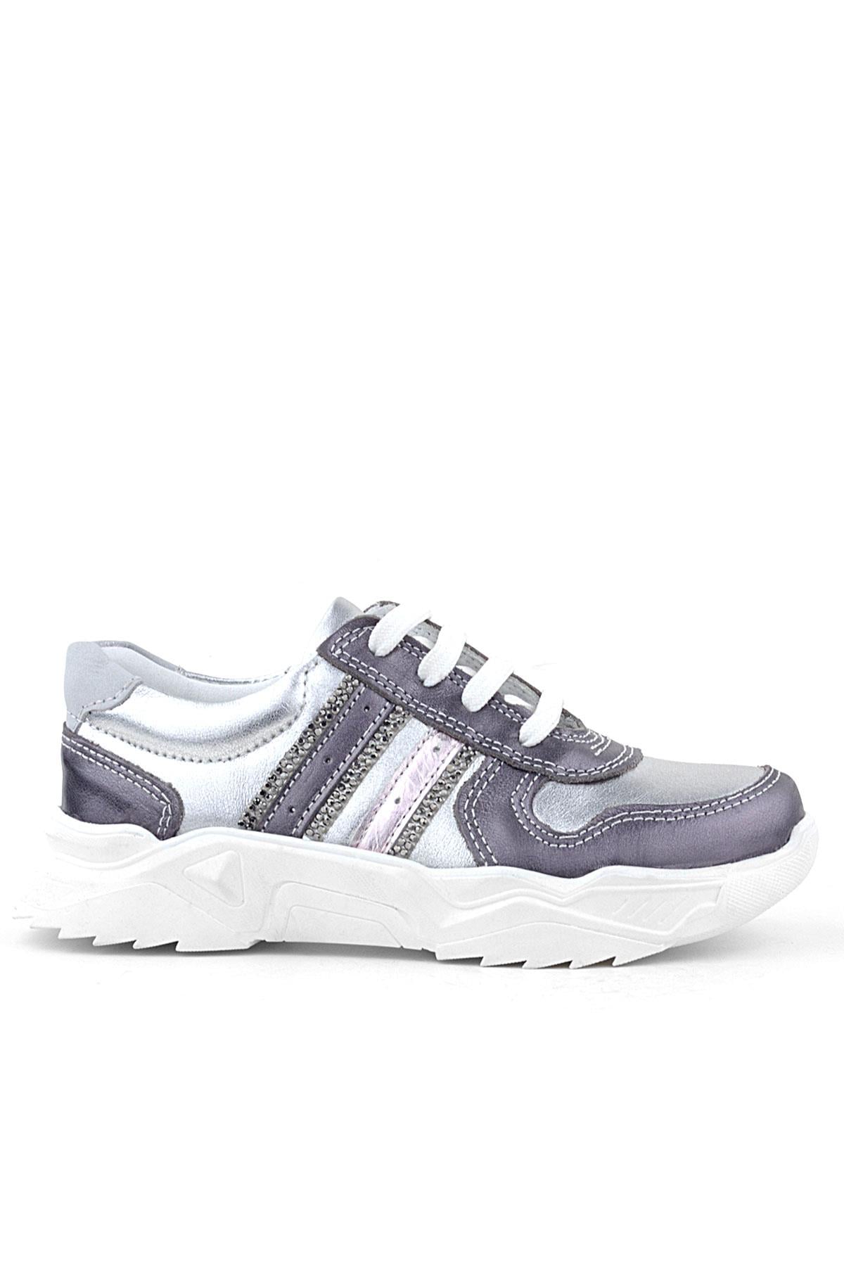 Rakerplus Hakiki Deri Platin Pembe Parlak Taşlı Kız Çocuk Sneakers Ayakkabı