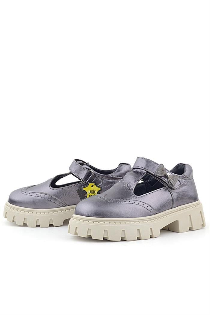 Rakerplus Hakiki Deri Platin Krem Tabanlı Cırtlı Kurdeleli Kız Çocuk Okul Ayakkabı