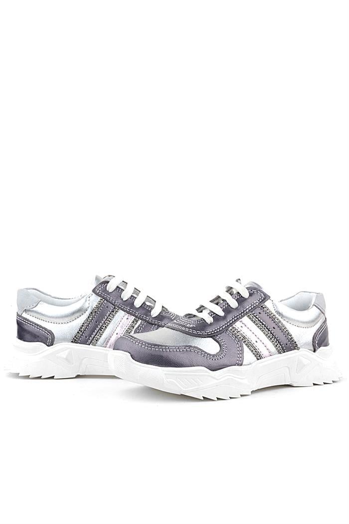 Rakerplus Hakiki Deri Platin Pembe Parlak Taşlı Kız Çocuk Sneakers Ayakkabı