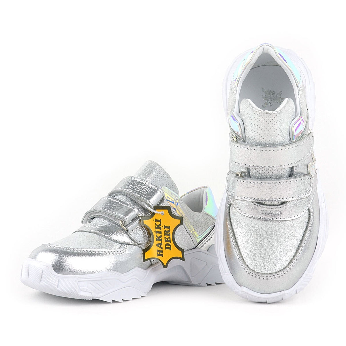 Rakerplus Hakiki Deri Gümüş Renl Cırtlı Kız Çocuk Sneaker Ayakkabı