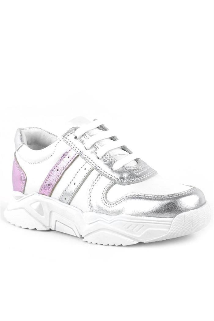 Rakerplus Hakiki Deri Gümüş Pembe Kalın Tabanlı Kız Çocuk Sneakers Ayakkabı