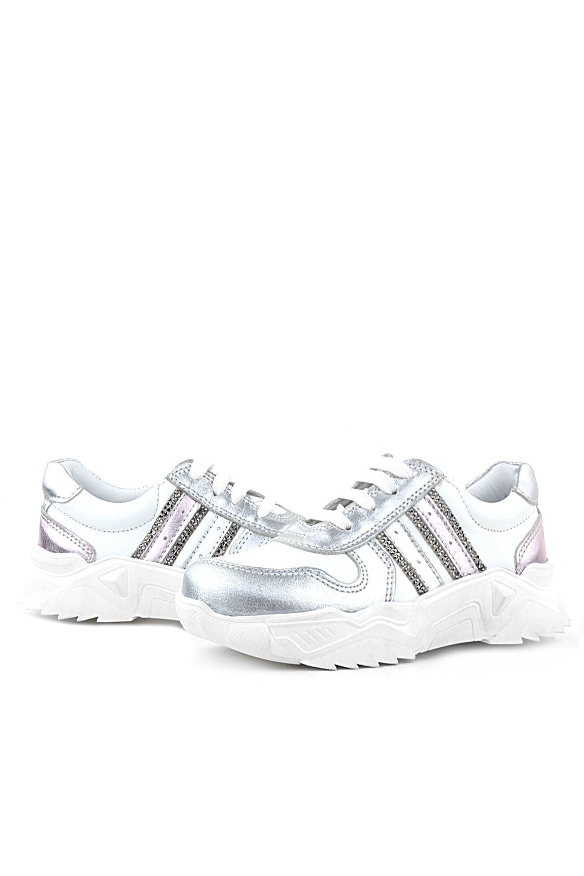 Rakerplus Hakiki Deri Gümüş Pembe Parlak Taşlı Kız Çocuk Sneakers Ayakkabı
