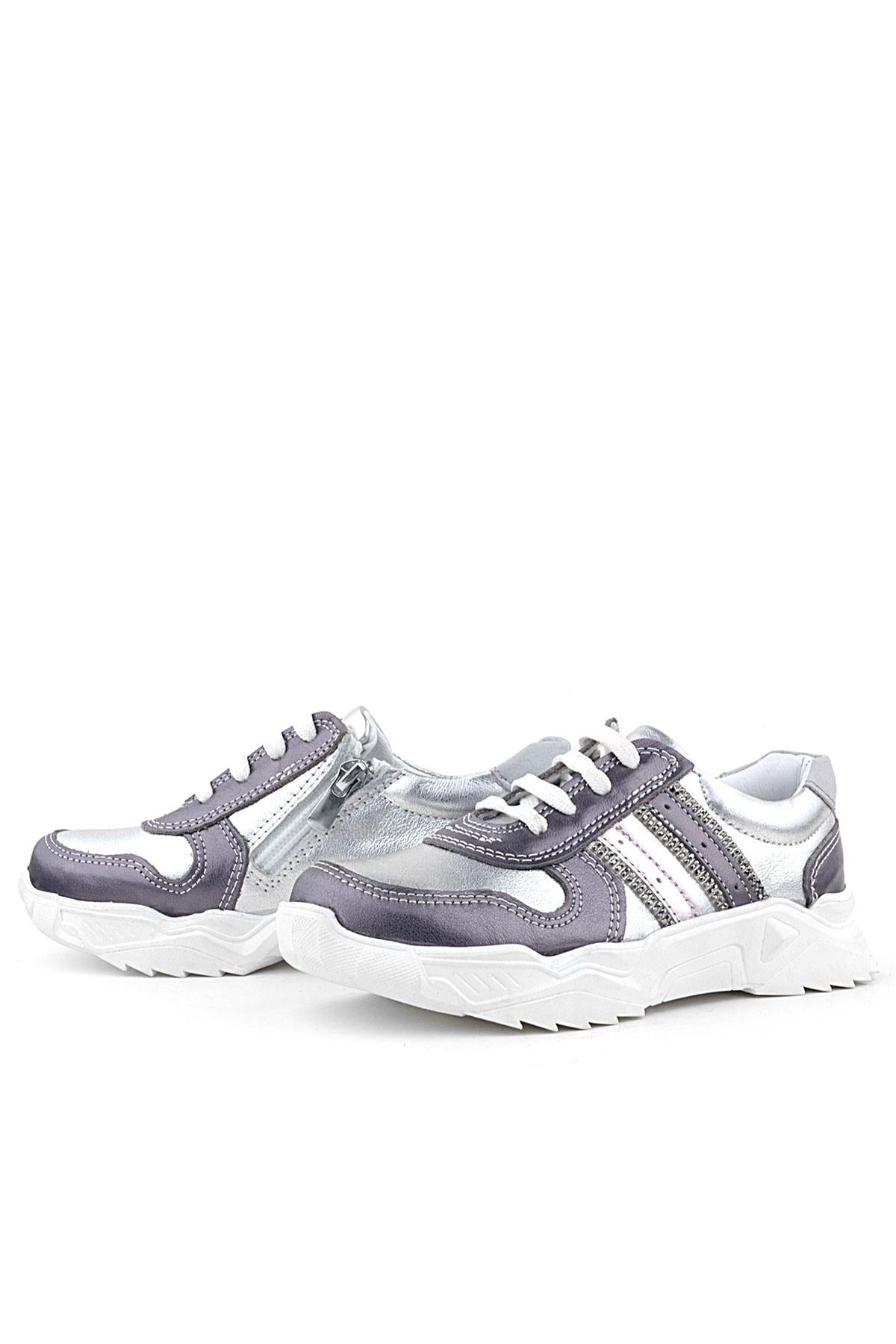 Rakerplus Hakiki Deri Platin Pembe Parlak Taşlı Kız Çocuk Sneakers Ayakkabı