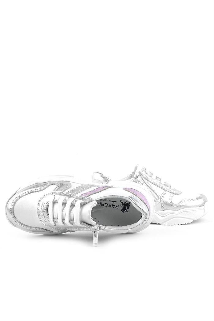 Rakerplus Hakiki Deri Gümüş Pembe Kalın Tabanlı Kız Çocuk Sneakers Ayakkabı