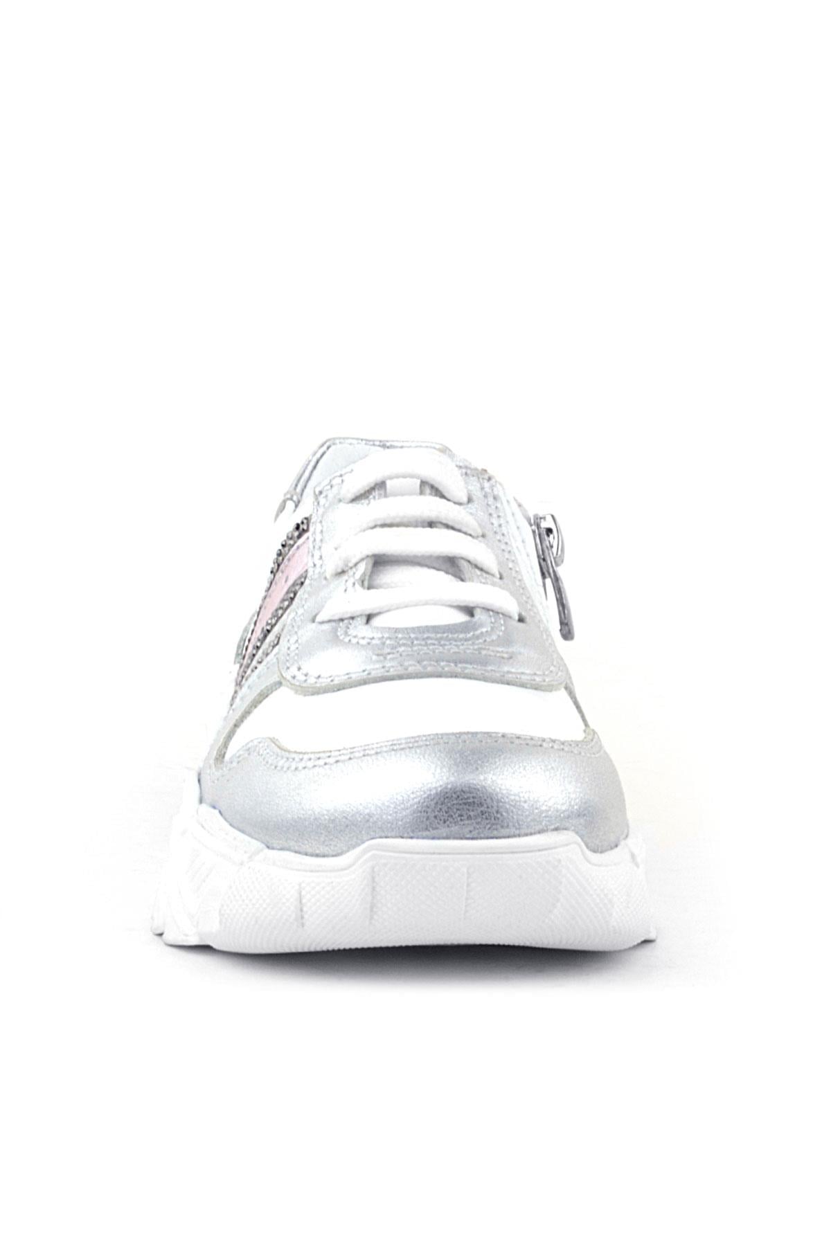 Rakerplus Hakiki Deri Gümüş Pembe Parlak Taşlı Kız Çocuk Sneakers Ayakkabı