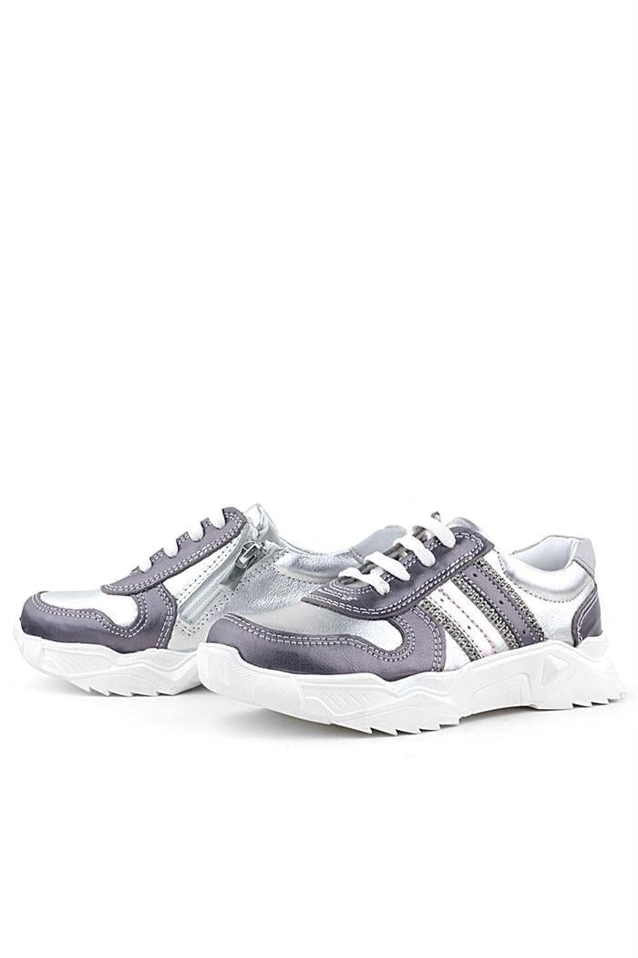 Rakerplus Hakiki Deri Platin Pembe Parlak Taşlı Kız Çocuk Sneakers Ayakkabı