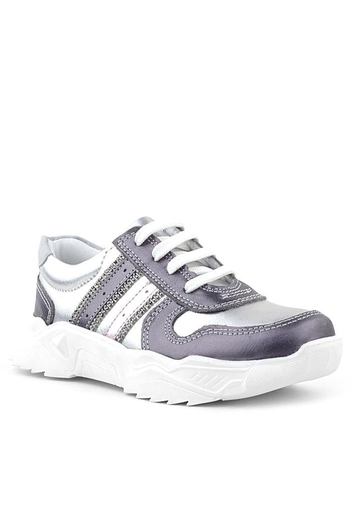Rakerplus Hakiki Deri Platin Pembe Parlak Taşlı Kız Çocuk Sneakers Ayakkabı