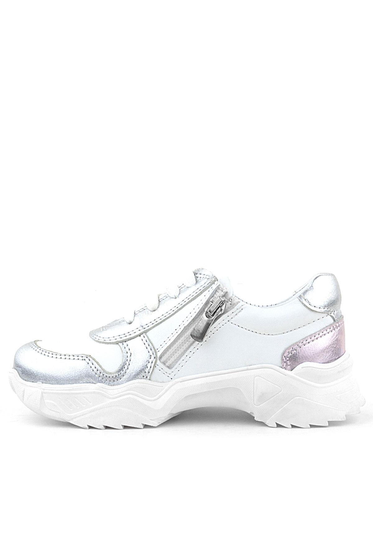 Rakerplus Hakiki Deri Gümüş Pembe Parlak Taşlı Kız Çocuk Sneakers Ayakkabı