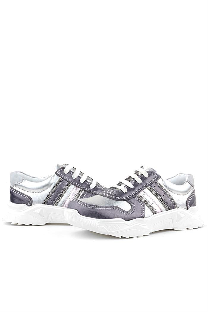 Rakerplus Hakiki Deri Platin Pembe Parlak Taşlı Kız Çocuk Sneakers Ayakkabı