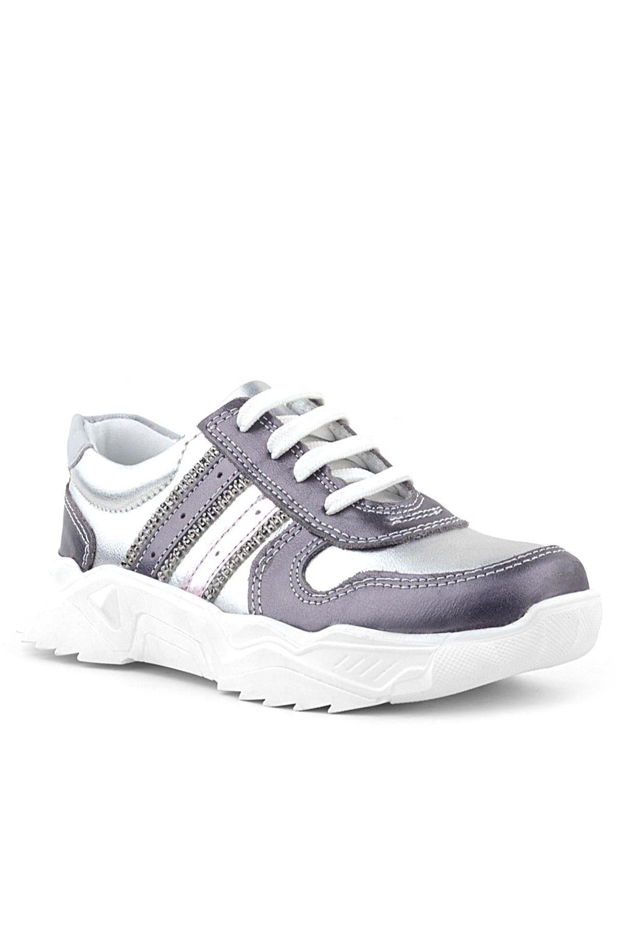 Rakerplus Hakiki Deri Platin Pembe Parlak Taşlı Kız Çocuk Sneakers Ayakkabı