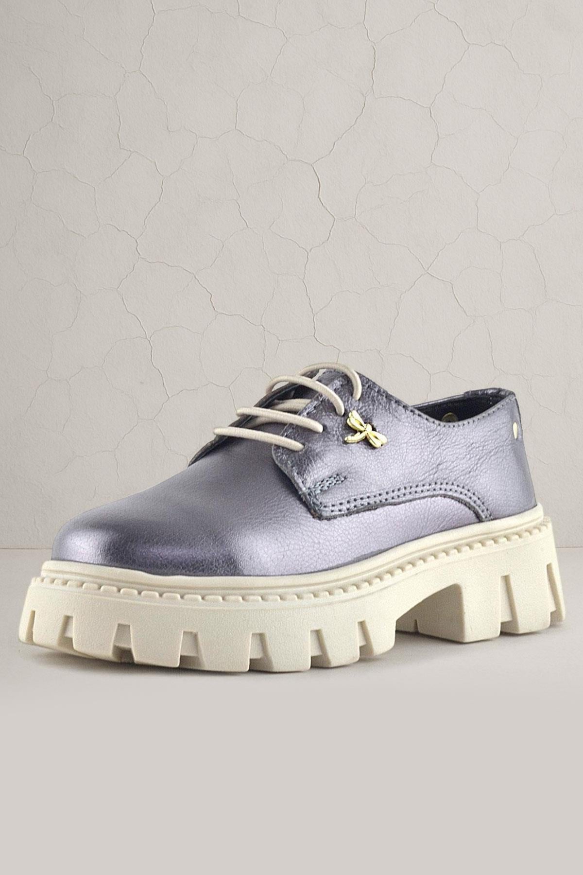 Rakerplus Platin Hakiki Deri Toka Detaylı Bağcıklı Kız Çocuk Günlük Ayakkabı