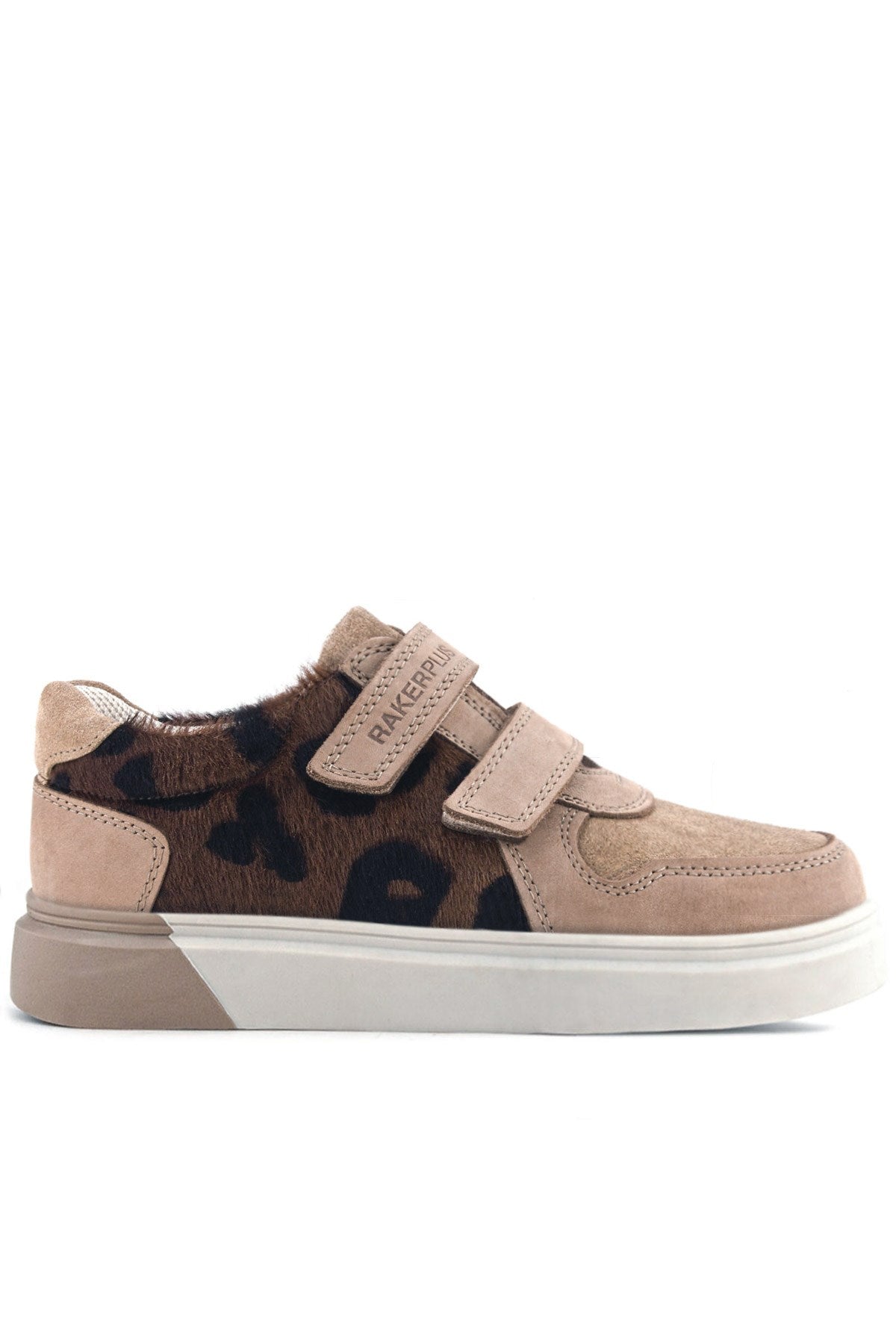 Rakerplus Hakiki Deri Bej Kahve Desenli Çift Cırtlı Çocuk Sneaker Spor Ayakkabı