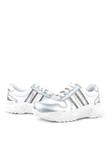 Rakerplus Hakiki Deri Gümüş Pembe Parlak Taşlı Kız Çocuk Sneakers Ayakkabı