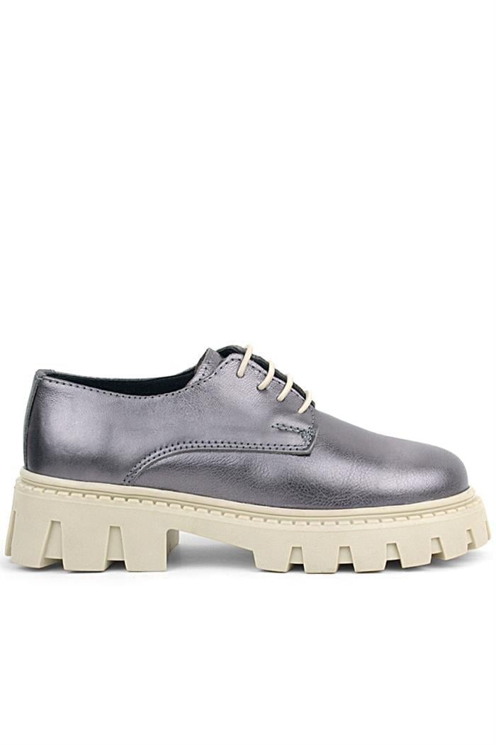 Rakerplus Platin Hakiki Deri Bağcıklı Kız Çocuk Oxford Okul Ayakkabı