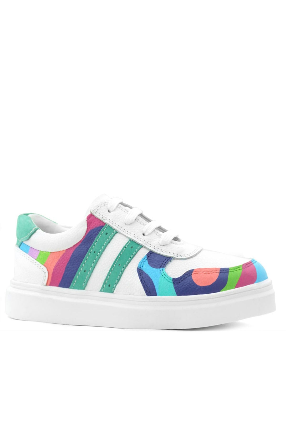 Rakerplus Tbons Özel Tasarım Hakiki Deri Beyaz Yeşil Bağcıklı Fermuarlı Çocuk Sneaker