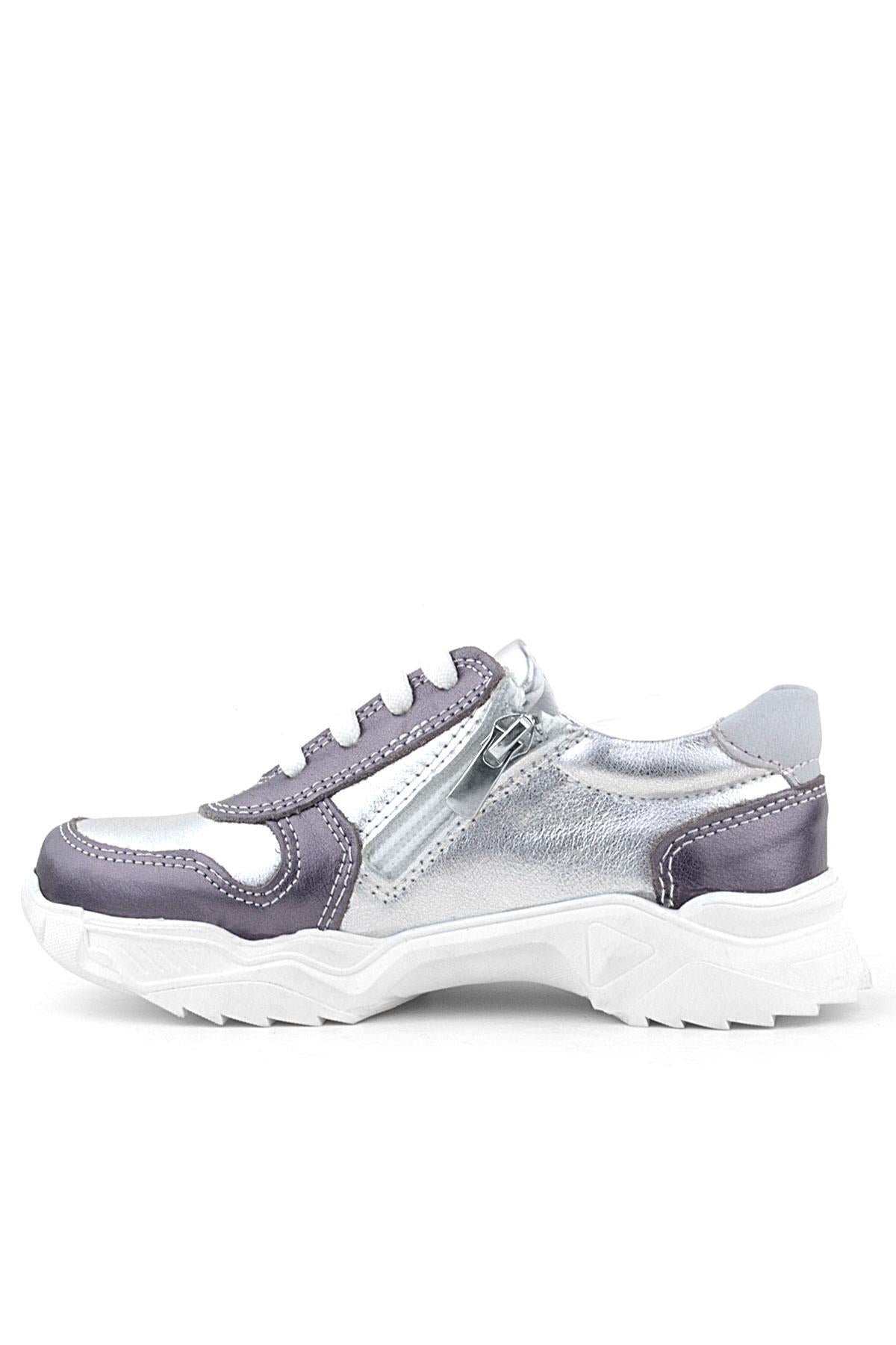 Rakerplus Hakiki Deri Platin Pembe Parlak Taşlı Kız Çocuk Sneakers Ayakkabı